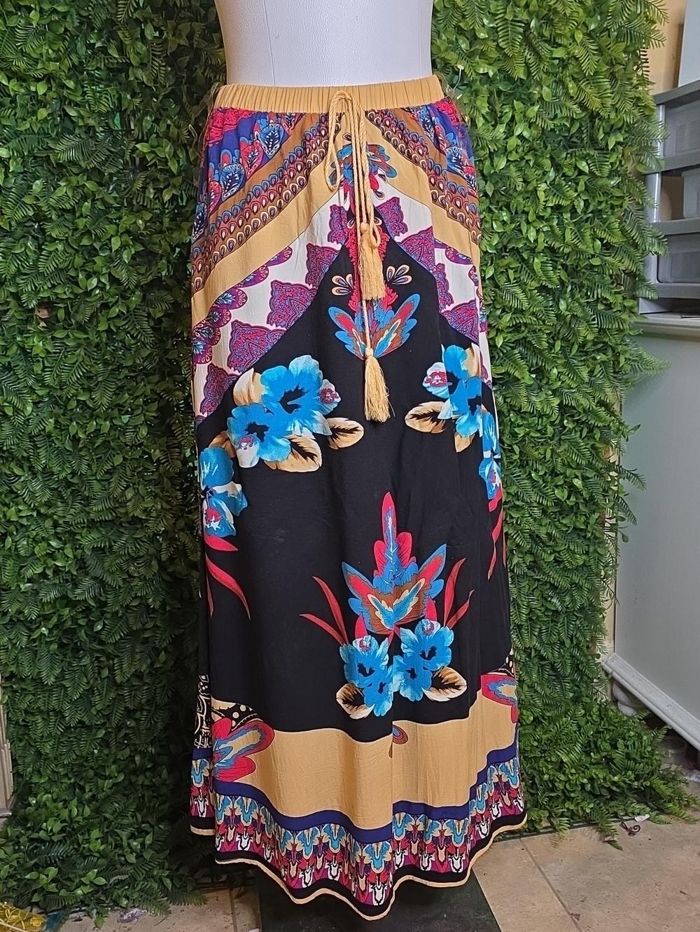 Magic Black Maxi Dress with Blue Floral and Gold Accents